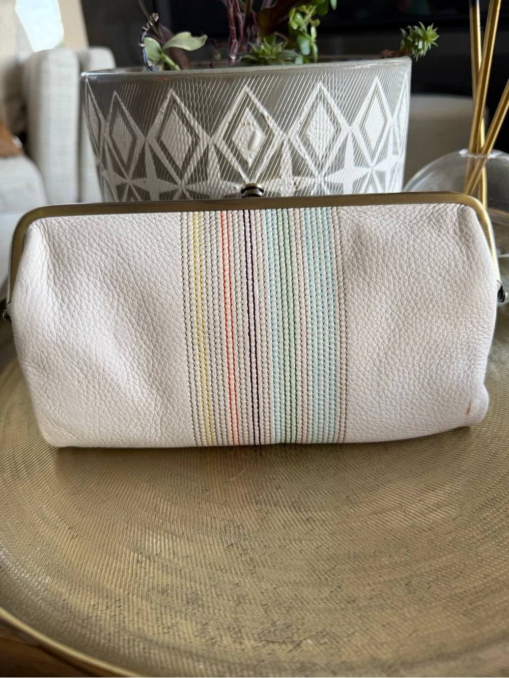 HOBO Cream Leather Clutch, magnetic closure & double kisslock side compartments